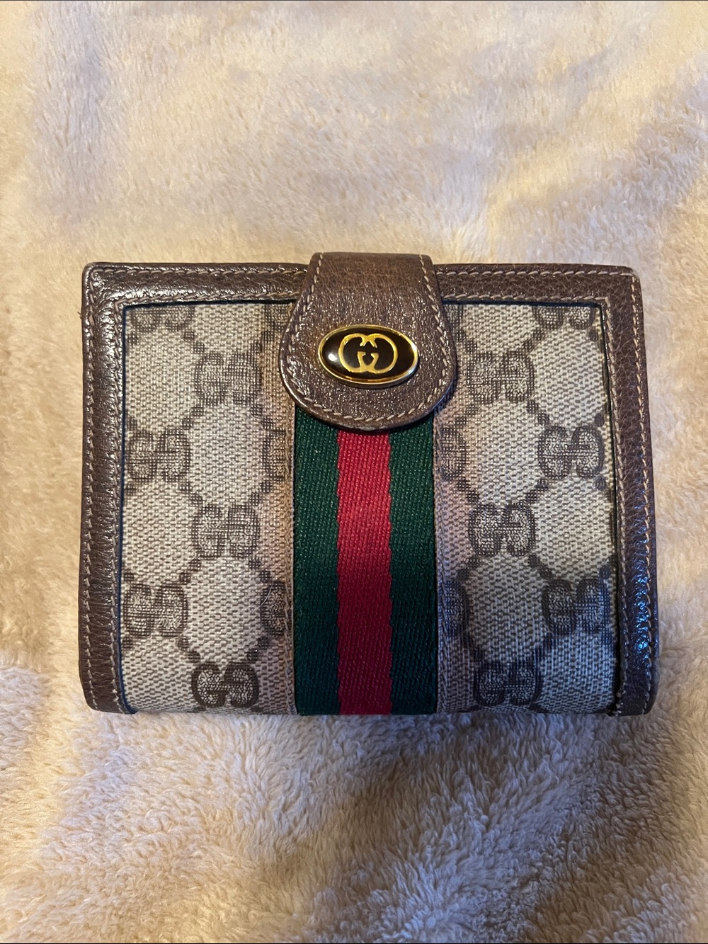 Gucci Beige Monogram Wallet with Green and Red Web Stripe
